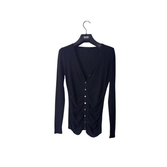 Elie Tahari Black Long Sleeve Button-Up Cardigan With Ruched Detail - Picture 1 of 6